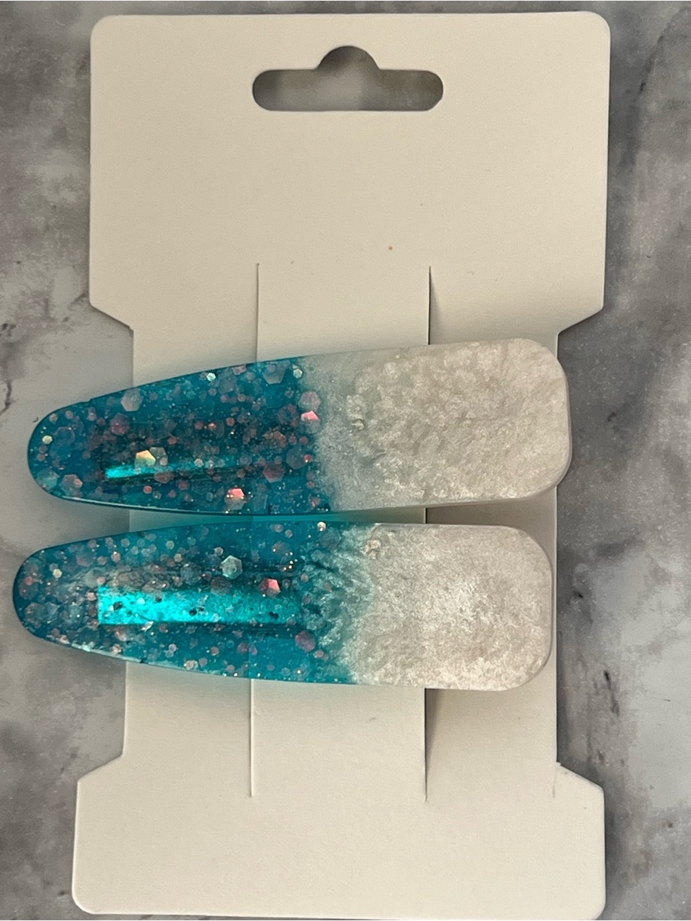 Teal and White Glitter Resin Hair Clips - Set of 2